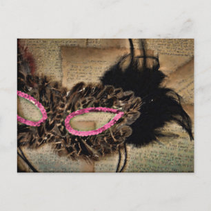 Mardi Gras Antiek Script Roze bruin masker Briefkaart