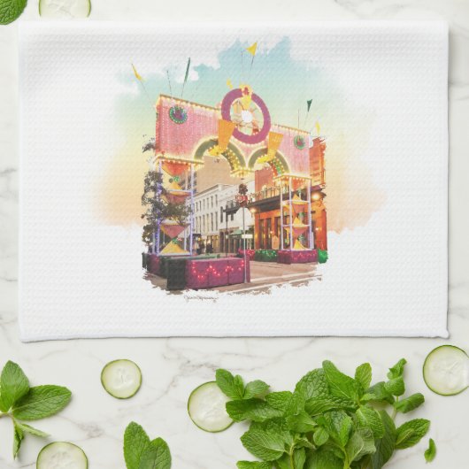 Mardi Gras Arch Galveston, waterverf geïnspireerd Theedoek (Gevouwen)