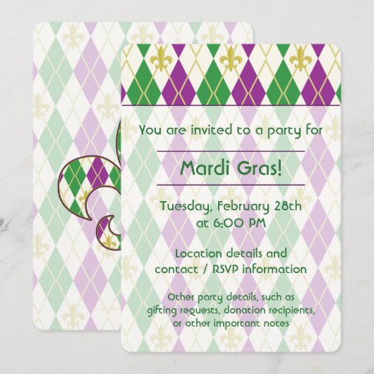 Mardi Gras Argyle Feest Uitnodiging (Voorkant / Achterkant)