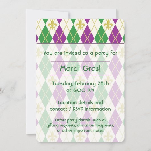 Mardi Gras Argyle Party Uitnodiging (Voorkant)