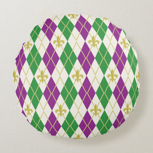 Mardi Gras Argyle Ronde Kussen (Voorkant)