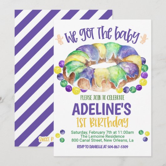 Mardi Gras Baby First Birthday Invitation Kaart (Voorkant / Achterkant)
