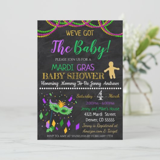 Mardi Gras Baby shower Uitnodiging (Staand voorkant)