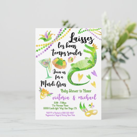Mardi Gras Baby shower waterverf Alligator Kaart (Staand voorkant)