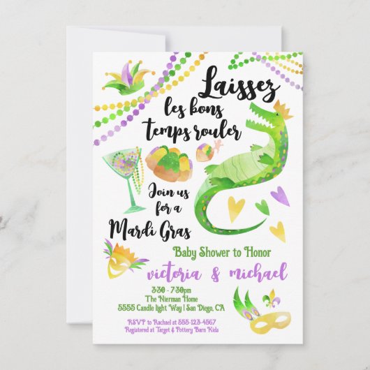 Mardi Gras Baby shower waterverf Alligator Kaart (Voorkant)