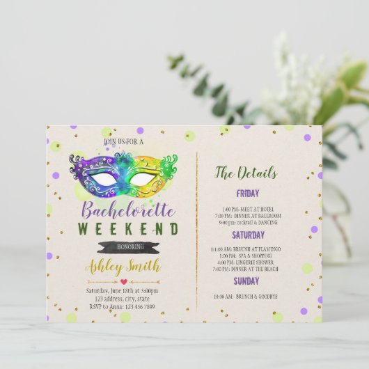 Mardi gras bachelorette Uitnodiging reisschema (Staand voorkant)