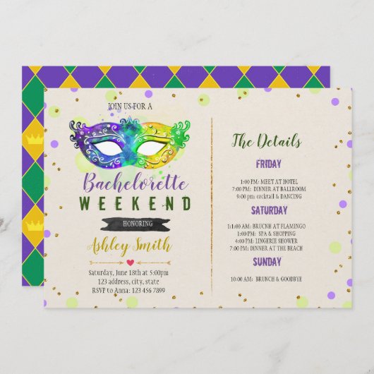 Mardi gras bachelorette Uitnodiging reisschema (Voorkant / Achterkant)