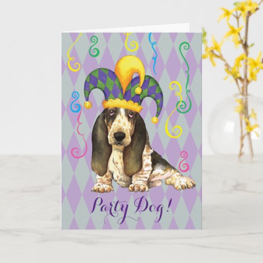 Mardi Gras Basset Hound Kaart (Gele Bloem)