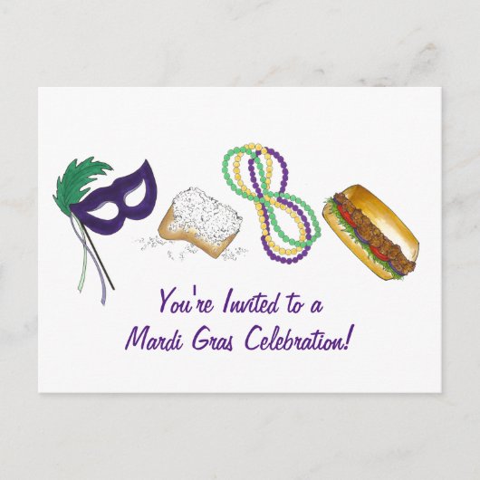 Mardi Gras Beads Beignet Mask Party Invitation Uitnodiging Briefkaart (Voorkant)