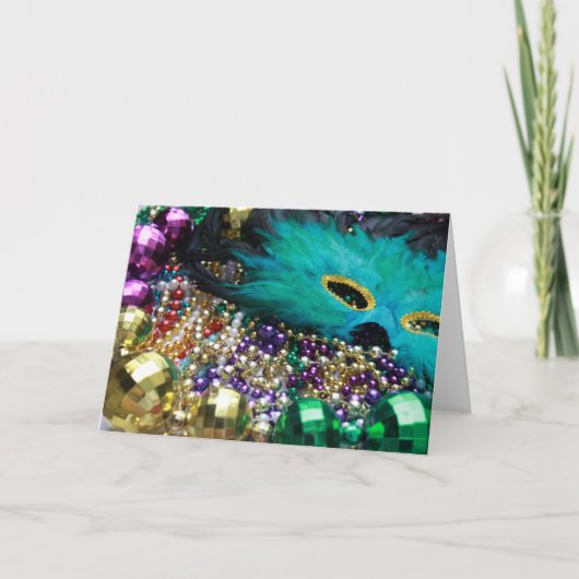 Mardi Gras Beads & Green Feather Mask Card Kaart (Voorkant)