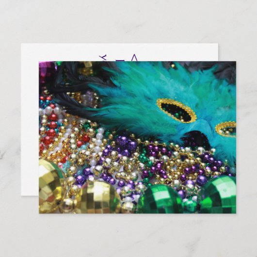 Mardi Gras Beads & Green Feather Mask Invitation Kaart (Voorkant / Achterkant)