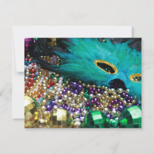 Mardi Gras Beads & Green Feather Mask Invitation Kaart