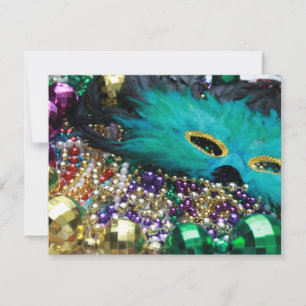 Mardi Gras Beads & Green Feather Mask Invitations Kaart