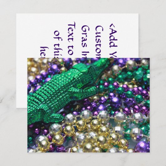 Mardi Gras Beads & Green Gator Invitations Kaart (Voorkant / Achterkant)