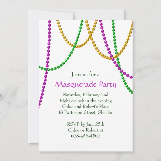 Mardi Gras Beads Invitation (wit) Kaart (Voorkant)