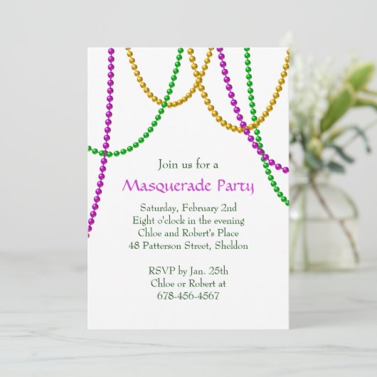 Mardi Gras Beads Invitation (wit) Kaart (Staand voorkant)