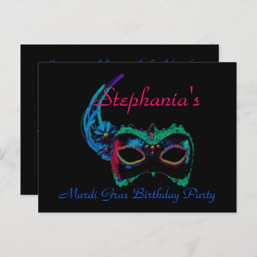 "Mardi Gras Birthday" - Masker in Blauw/Groen [a] Briefkaart (Voorkant / Achterkant)