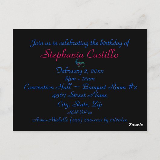 "Mardi Gras Birthday" - Masker in Blauw/Groen [a] Briefkaart (Achterkant)