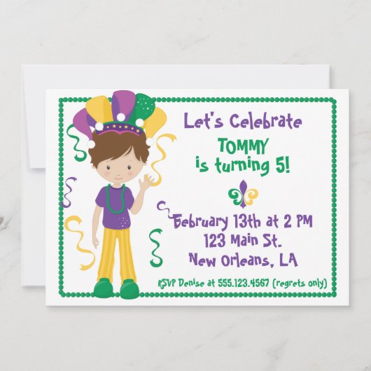 Mardi Gras Birthday Party Invision for Boy Kaart (Voorkant)