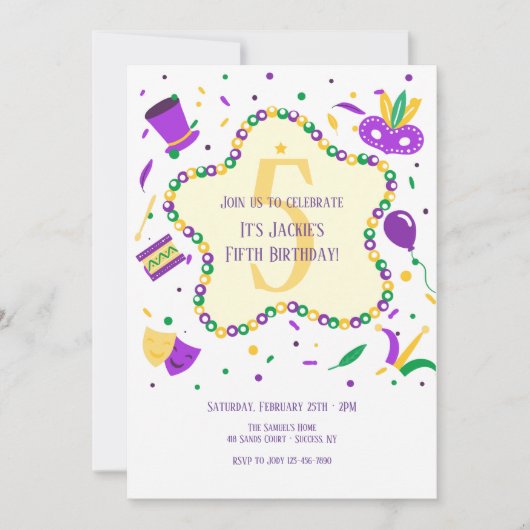 Mardi Gras Birthday Party Invitation Kaart (Voorkant)