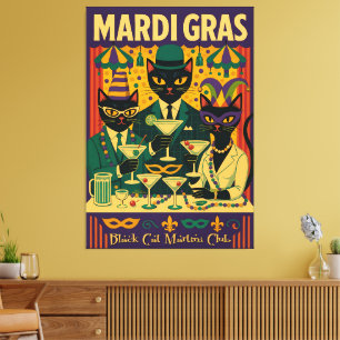Mardi Gras Black Cat Martini Club Trio Canvas Afdruk