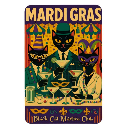 Mardi Gras Black Cat Martini Club Trio Magneet (Verticaal)