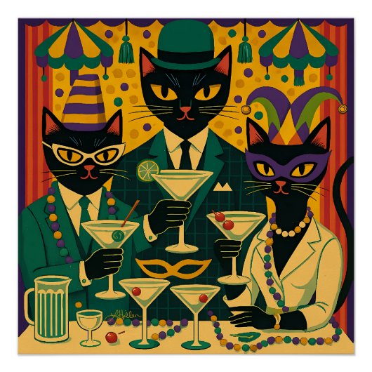 Mardi Gras Black Cat Martini Club Trio Perfect Poster (Voorkant)