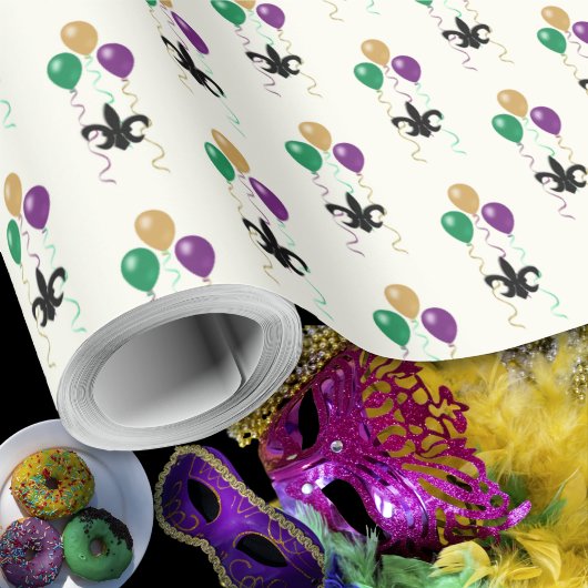 Mardi Gras Black FleurDeLis met ballonnen op Ivoor Cadeaupapier