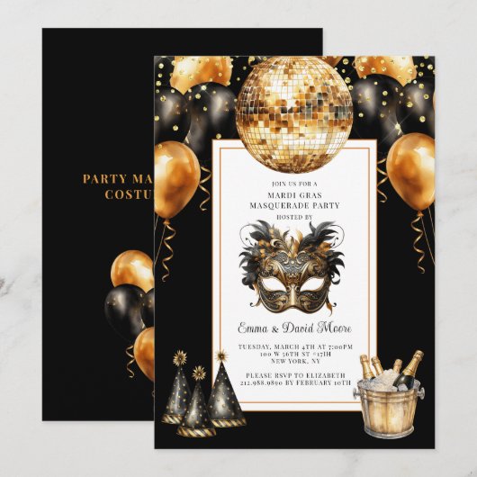 Mardi Gras Black Gold Glitter Kaart (Voorkant / Achterkant)