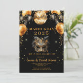 Mardi Gras Black Gold Glitter Masquerade Party Kaart (Staand voorkant)
