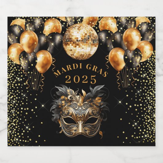 Mardi Gras Black Gold Glitter Party Sparkling Wijnetiket (Enkel label)