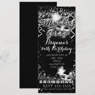 Mardi Gras Black & White VIP Birthday Party Ticket Kaart