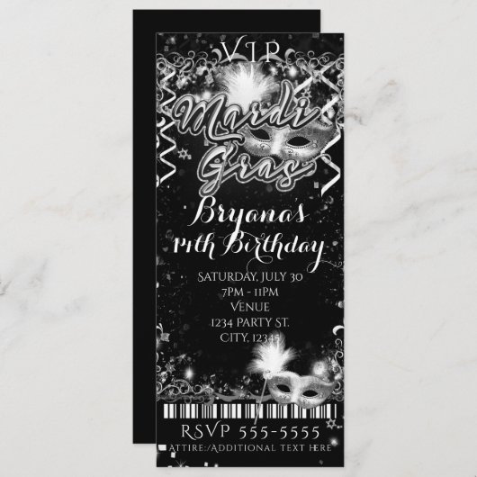 Mardi Gras Black & White VIP Verjaardagsfeest Tick Kaart (Voorkant / Achterkant)