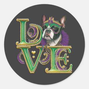 Mardi Gras Boston Terrier Word LOVE Masquerade Ronde Sticker
