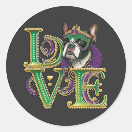Mardi Gras Boston Terrier Word LOVE Masquerade Ronde Sticker (Voorkant)