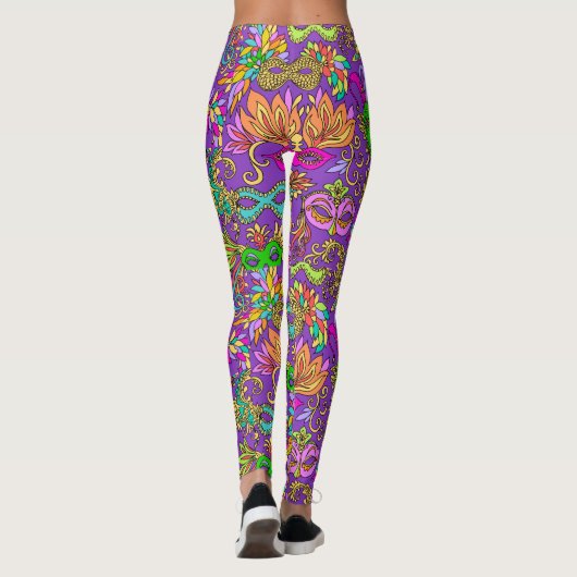 Mardi Gras Bright Paarse Groene Masquerade maskers Leggings (Achterkant)