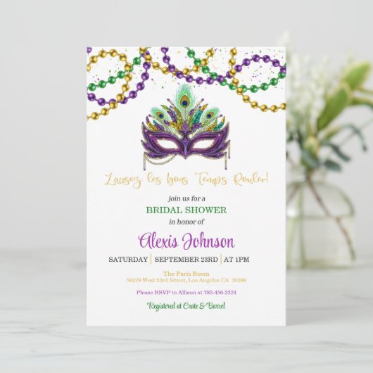 Mardi Gras bruids douche uitnodiging kralen - wit (Staand voorkant)