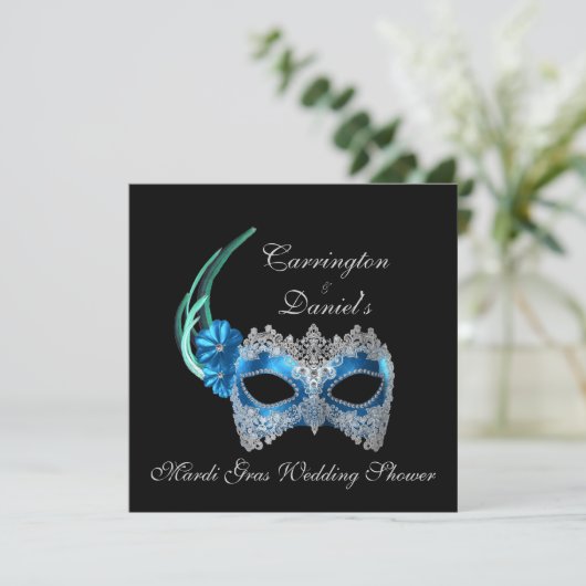"Mardi Gras Bruiloft Feest" - Turquoise Masker met Kaart (Staand voorkant)