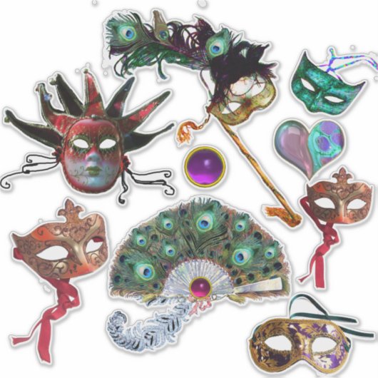 MARDI GRAS CARNAVAL MASKERS, PAUWFEATHERS FAN STICKER (Voorkant)