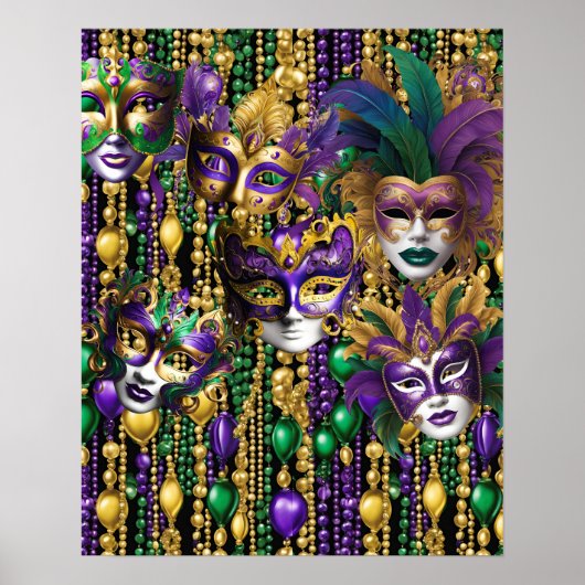 Mardi Gras Carnaval Paarse Groene Maskers Kralen A Poster (Voorkant)