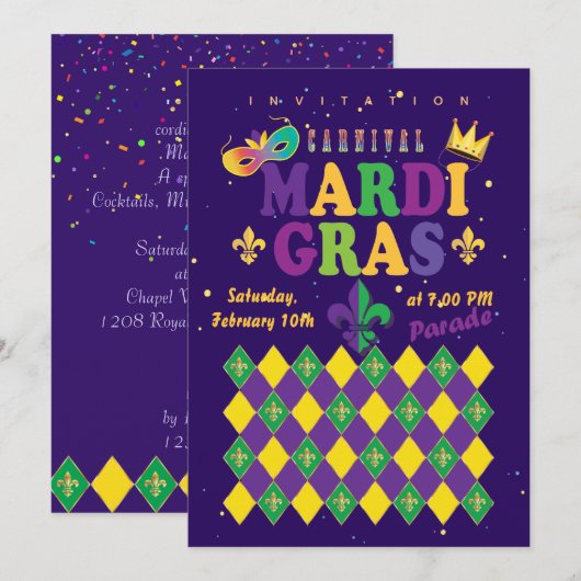 Mardi Gras Carnival Fleur de Lis Diamond Harlequin Kaart (Voorkant / Achterkant)