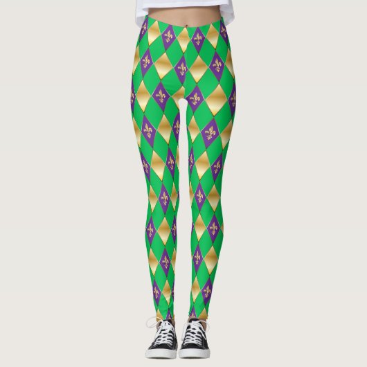 Mardi Gras Carnival Fleur de Lis Diamond Harlequin Leggings (Voorkant)