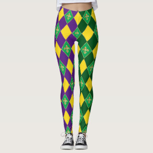 Mardi Gras Carnival Fleur de Lis Diamond Harlequin Leggings