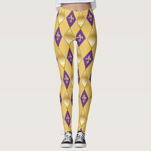 Mardi Gras Carnival Fleur de Lis Diamond Harlequin Leggings (Voorkant)
