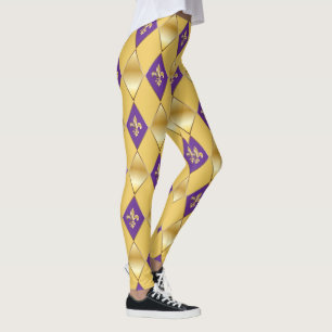 Mardi Gras Carnival Fleur de Lis Diamond Harlequin Leggings