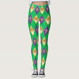 Mardi Gras Carnival Fleur de Lis Diamond Harlequin Leggings