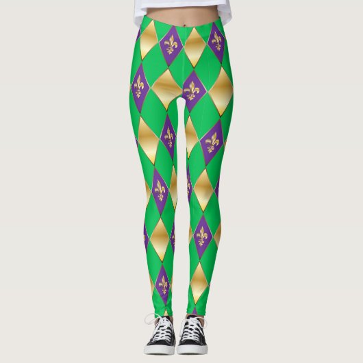Mardi Gras Carnival Fleur de Lis Diamond Harlequin Leggings (Voorkant)