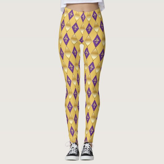 Mardi Gras Carnival Fleur de Lis Diamond Harlequin Leggings (Voorkant)