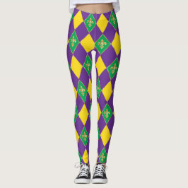 Mardi Gras Carnival Fleur de Lis Diamond Harlequin Leggings