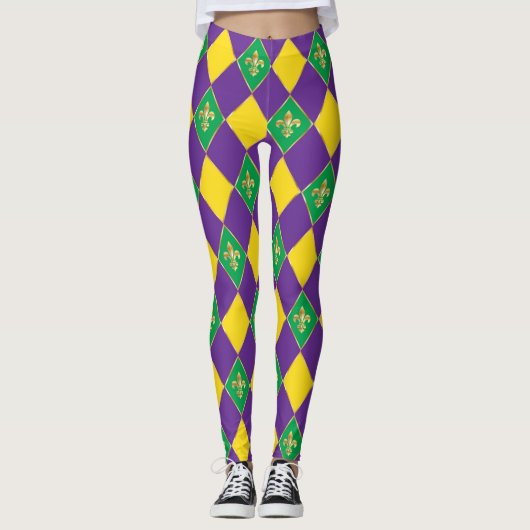 Mardi Gras Carnival Fleur de Lis Diamond Harlequin Leggings (Voorkant)